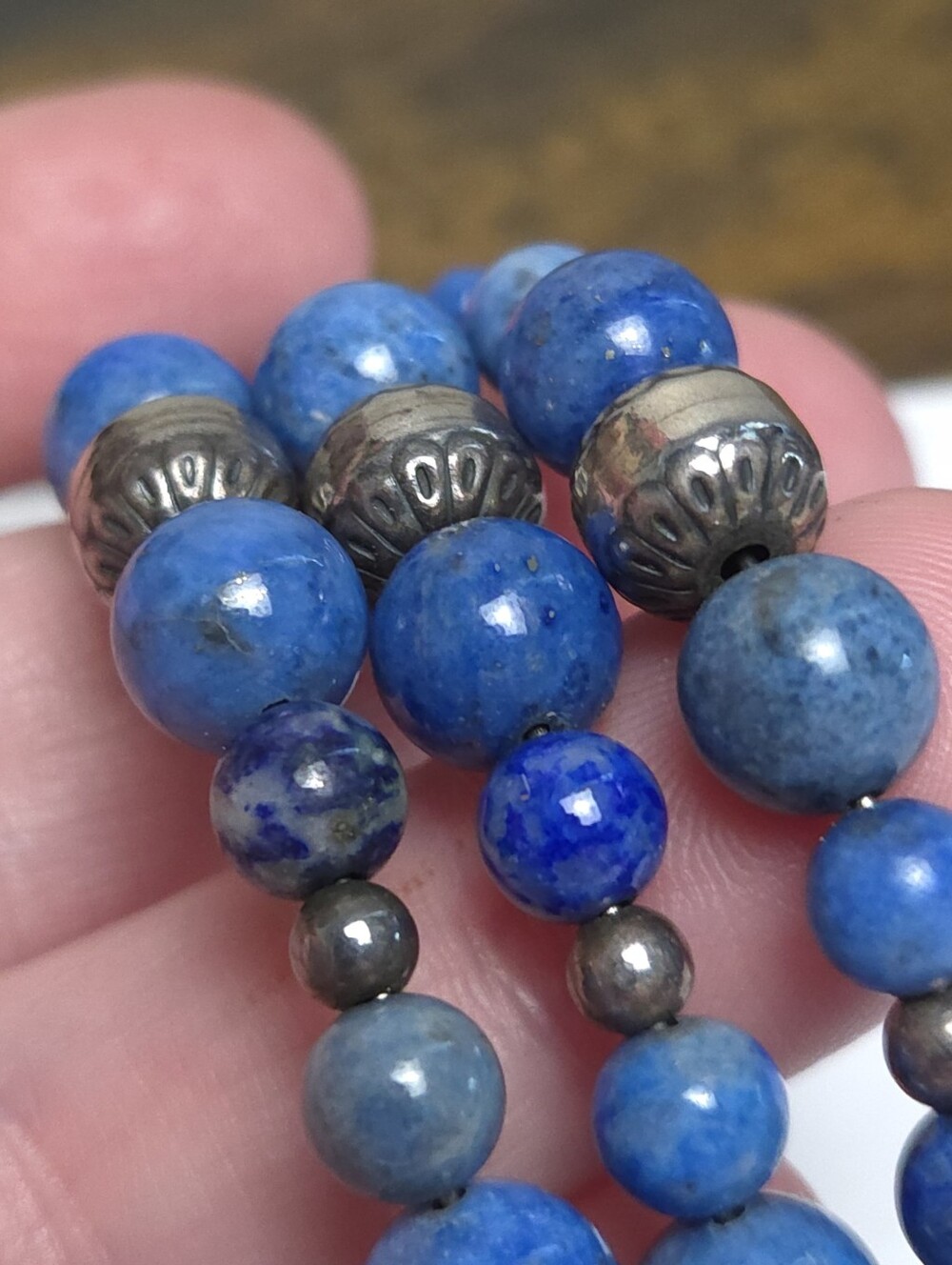 Vintage Lapis Lazuli Stone & Sterling Silver Beaded Wrap Bracelet Carlise CP 925 - Picture 6 of 13